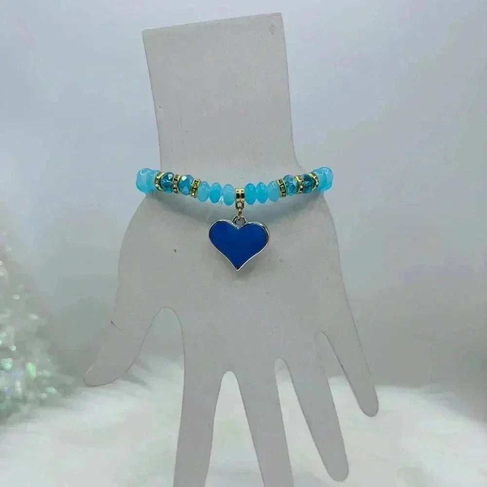 Blue Beaded Bracelet Heart Pendant Bracelet